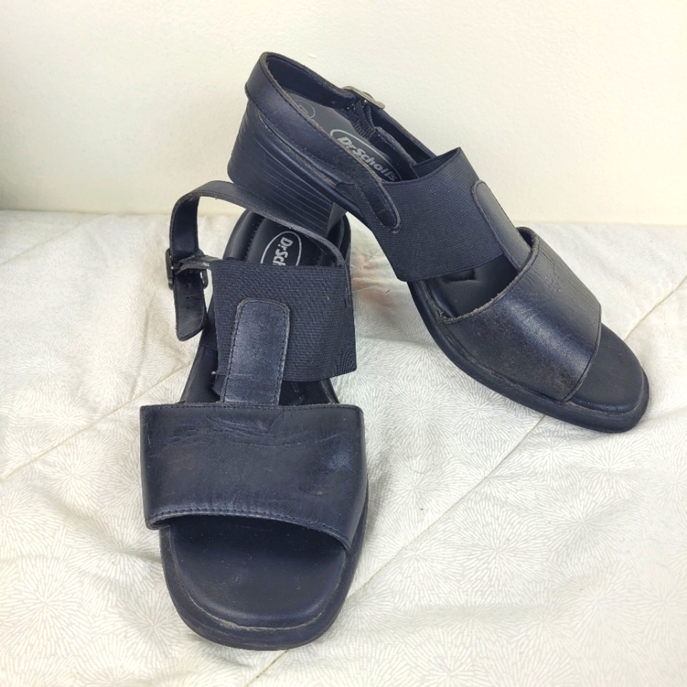 Dr. Scholl's black leather sandals elastic band ankle strap block heel grandma 7